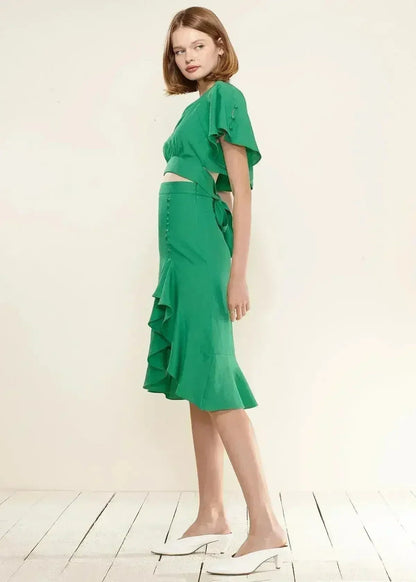 Women's Asymmetrical Hem Button Front Skirt in Kelly Green