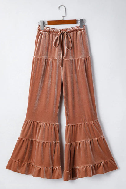 Straw Yellow Mineral Wash Lace-up High Waist Tiered Flared Pants