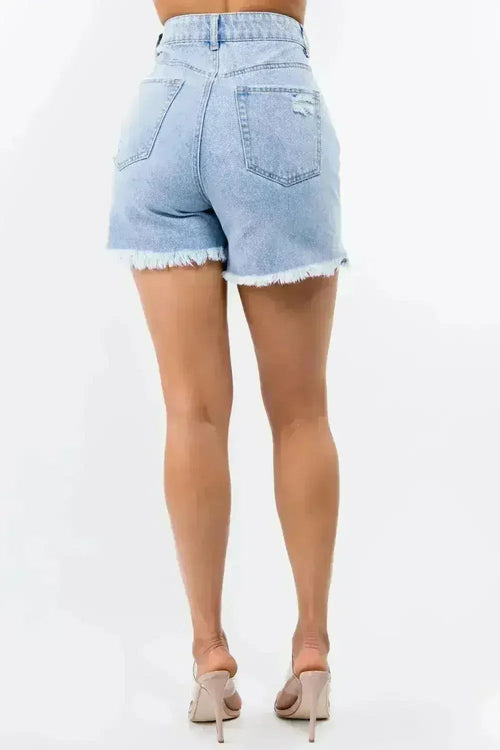 High Waist Distressed Denim Shorts - Raw Hem Style | Femstylo
