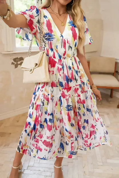 Sky Blue Abstract Print Short Puff Sleeve Tiered Maxi Dress