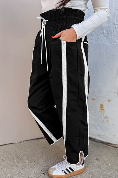Black Contrast Striped Smocked Waist Drawstring Cropped Casual Pants