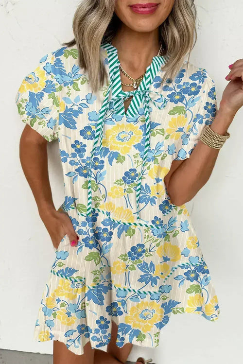 Blue Floral Print Striped Trim Puff Sleeve Mini Dress