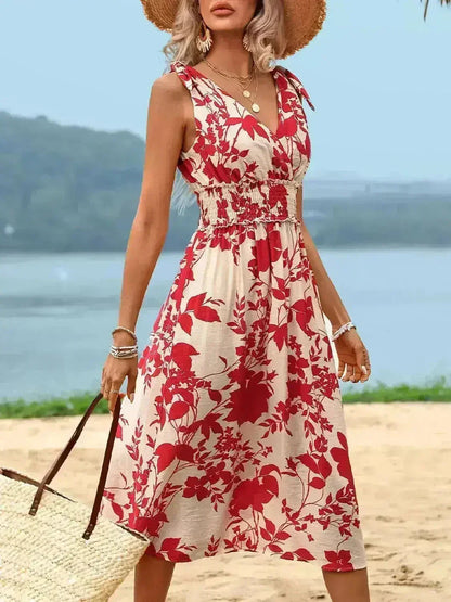 Smocked Surplice Midi Dress - Viscose Flowy Dress | Femstylo