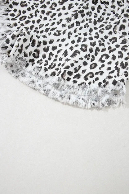 White Leopard Frayed Hem Denim Shorts