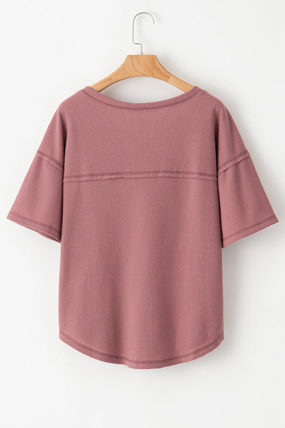 Blue Exposed Seam Drop Sleeve V Neck Waffle Textured Top