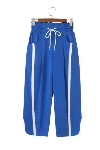Dark Blue Contrast Striped Smocked Waist Drawstring Cropped Casual Pants