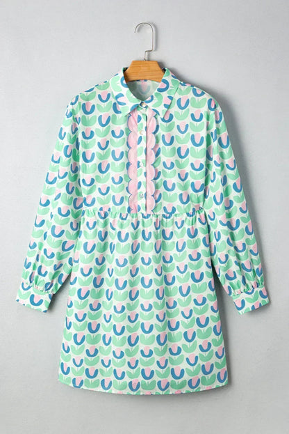 Green Floral Print Scallop Trim Pocket Mini Dress
