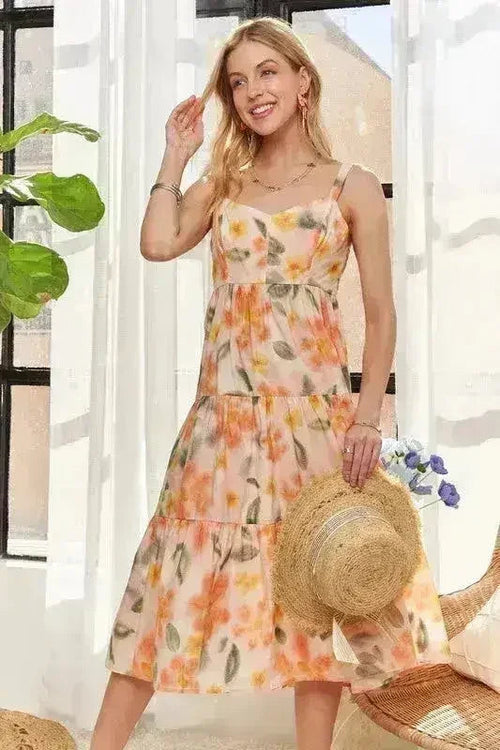 ADORA Floral Smocked Back Dress – Adjustable Strap Midi