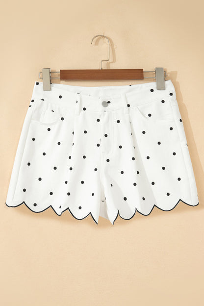 White Polka Dot Print Embroidered Scallop Hem Shorts