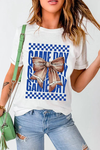 White Football Bow Game Day Crewneck T Shirt