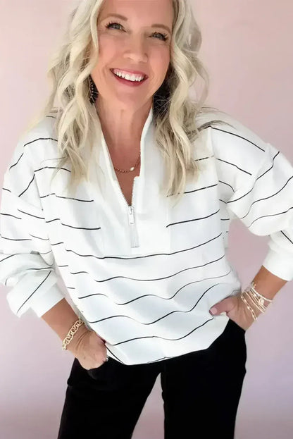 White Striped Zipper V-Neck Drop Sleeve Top