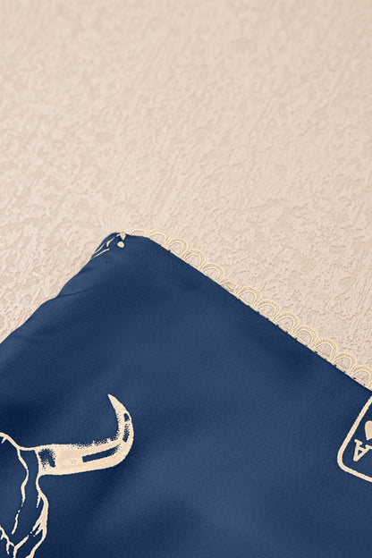 Navy Blue Western Print Satin Long Skirt