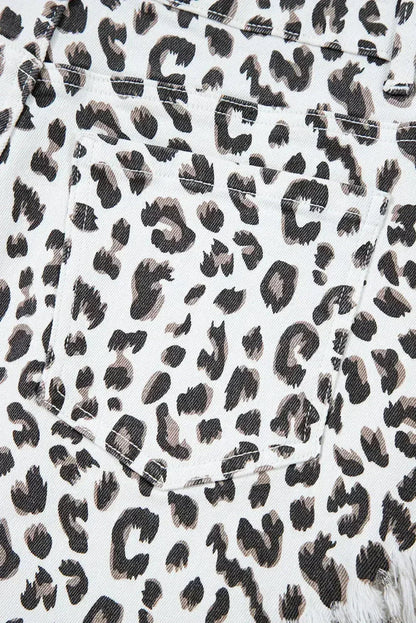 White Leopard Frayed Hem Denim Shorts