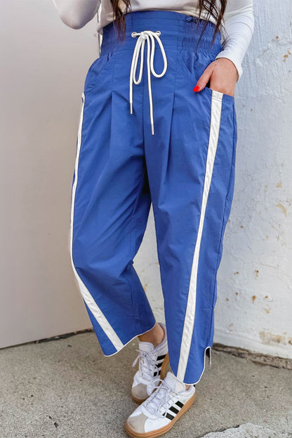Dark Blue Contrast Striped Smocked Waist Drawstring Cropped Casual Pants