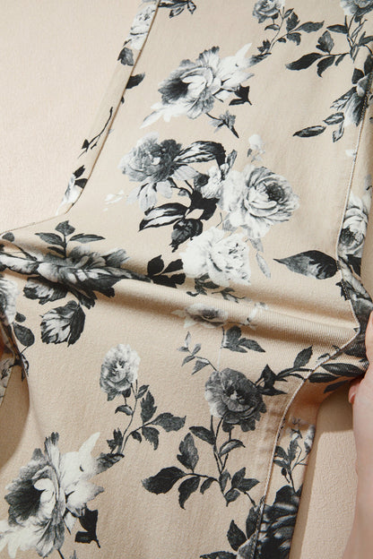 Beige Retro Floral Print Turn-up Cuffed Hem Loose Jeans