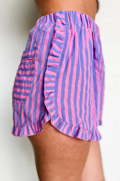 Rose Stripe Elastic Waist Ruffle Trim Casual Shorts