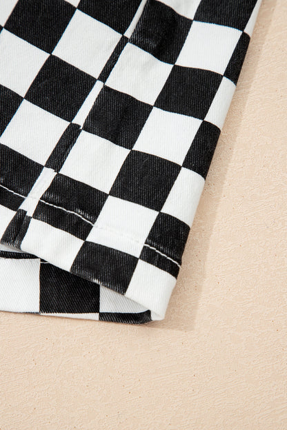 Black Checkered Print Overlap Denim Shorts