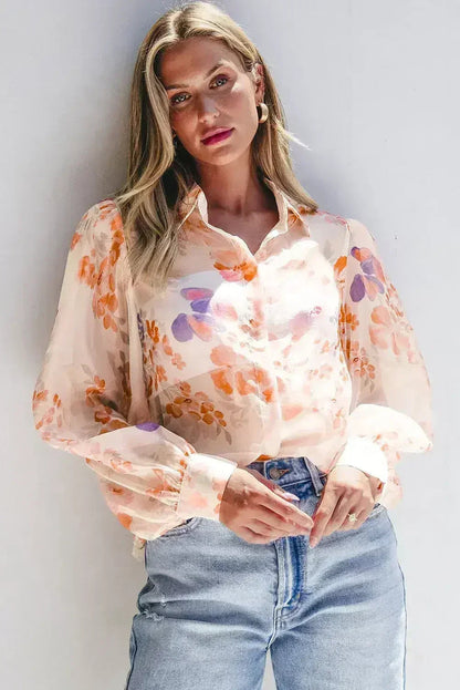 White Balloon Sleeve Floral Shirt - Loose Fit Blouse | Femstylo