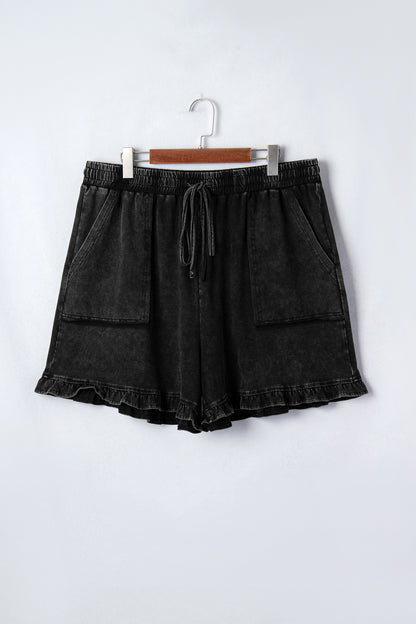 Black Mineral Wash Elastic Waist Drawstring Ruffle Hem Plus Shorts