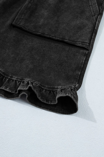 Black Mineral Wash Elastic Waist Drawstring Ruffle Hem Plus Shorts