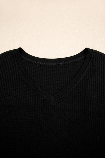 White Waffle Texture V Neck Drop Shoulder Loose Tee