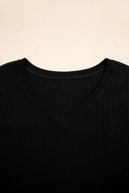 White Waffle Texture V Neck Drop Shoulder Loose Tee
