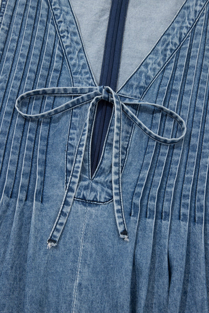 Dusk Blue Acid Wash Pintuck Tie V Neck Denim Wide Leg Jumpsuit