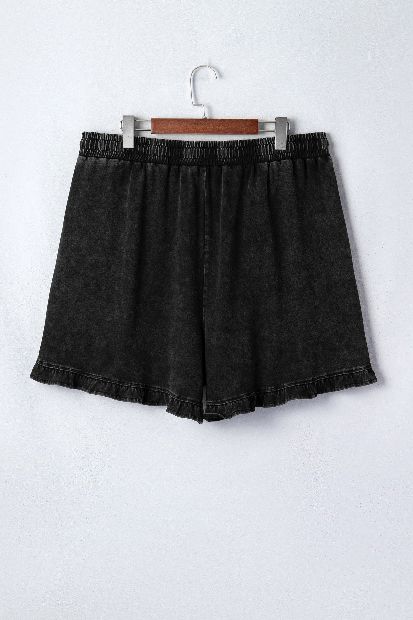Black Mineral Wash Elastic Waist Drawstring Ruffle Hem Plus Shorts