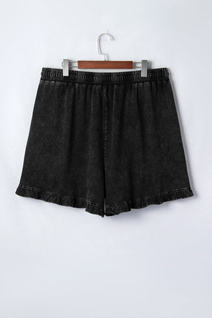 Black Mineral Wash Elastic Waist Drawstring Ruffle Hem Plus Shorts