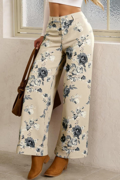 Beige Retro Floral Print Turn-up Cuffed Hem Loose Jeans