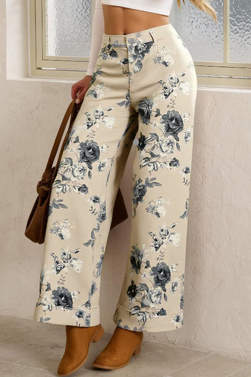 Beige Retro Floral Print Turn-up Cuffed Hem Loose Jeans