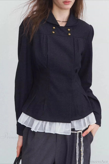 Double-breasted Denim Pleated Slim Jacket