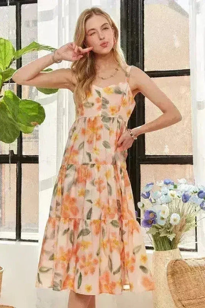 ADORA Floral Smocked Back Dress – Adjustable Strap Midi