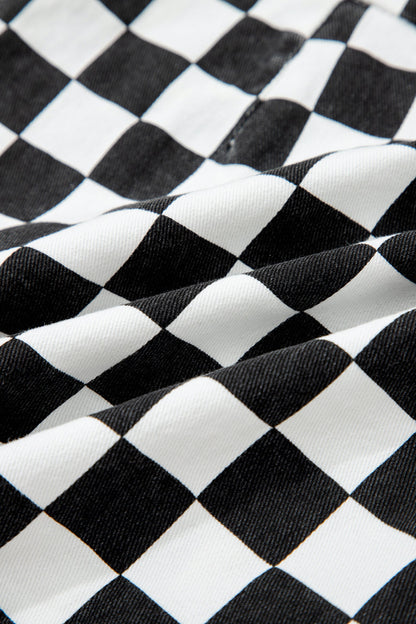 Black Checkered Print Overlap Denim Shorts