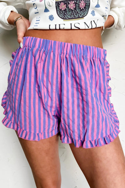 Rose Stripe Elastic Waist Ruffle Trim Casual Shorts