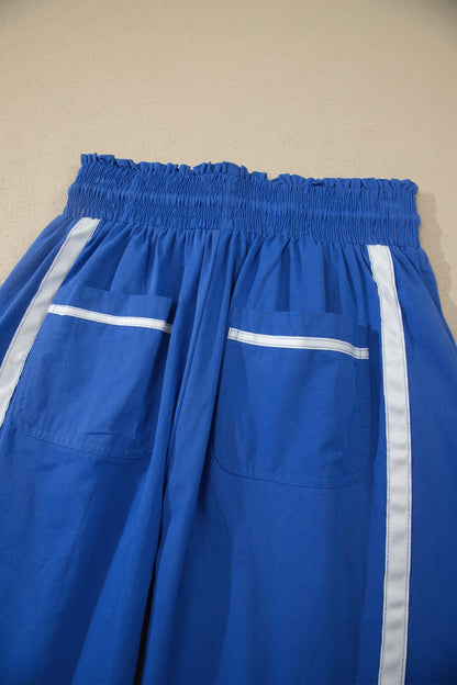 Dark Blue Contrast Striped Smocked Waist Drawstring Cropped Casual Pants