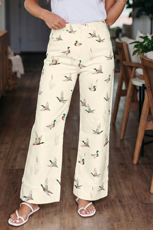 Beige Stylish Mallard Printed Cuffed Hem Shift Jeans