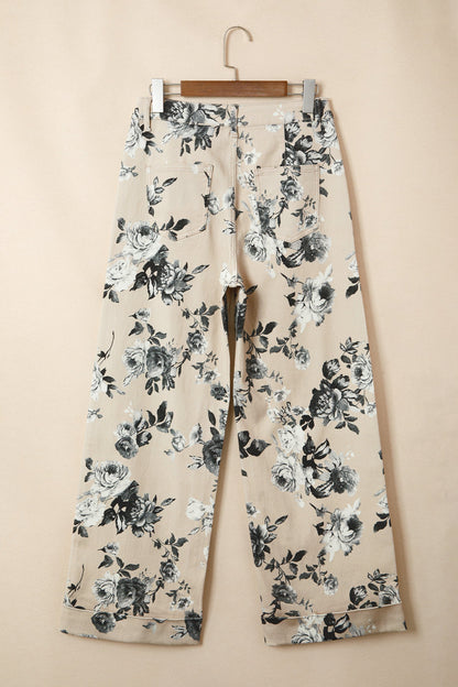Beige Retro Floral Print Turn-up Cuffed Hem Loose Jeans