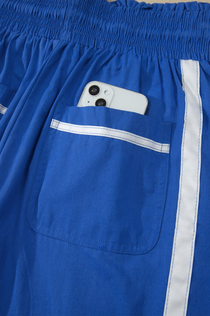 Dark Blue Contrast Striped Smocked Waist Drawstring Cropped Casual Pants