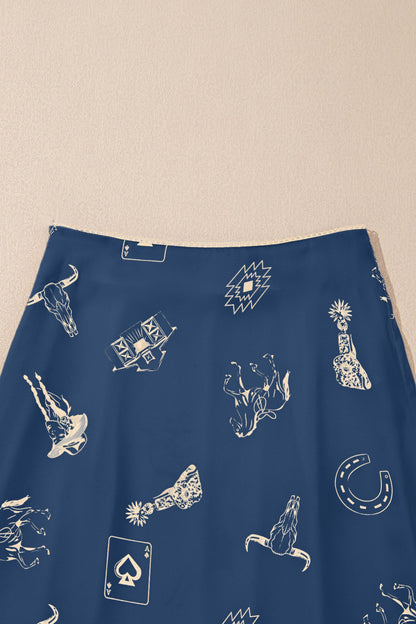 Navy Blue Western Print Satin Long Skirt