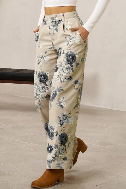 Beige Retro Floral Print Turn-up Cuffed Hem Loose Jeans