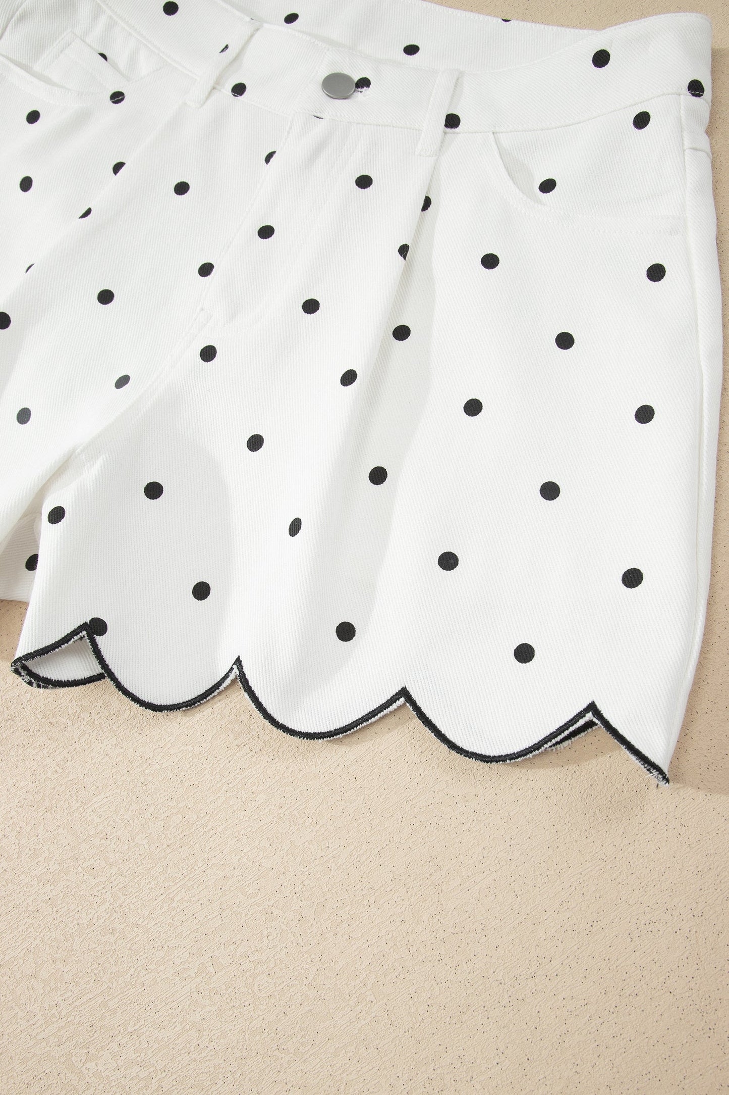White Polka Dot Print Embroidered Scallop Hem Shorts