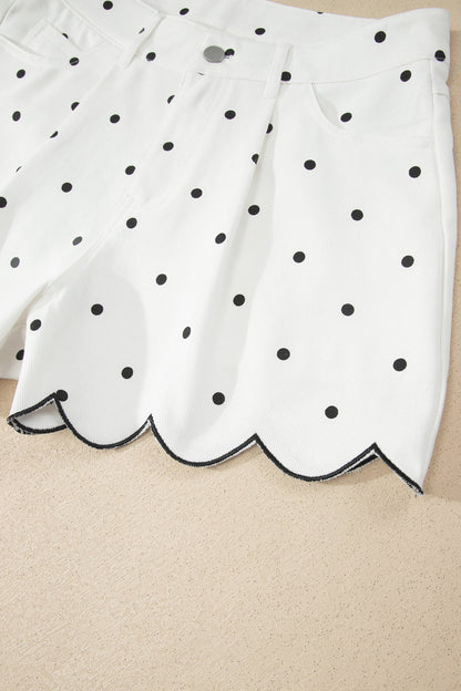 White Polka Dot Print Embroidered Scallop Hem Shorts