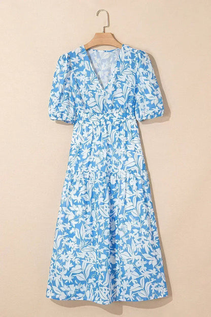Sky Blue Floral Print Deep V Neck Puff Sleeve Flowy Dress
