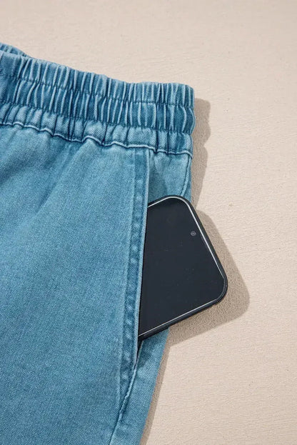 Beau Blue Drawstring Elastic Waist Denim Shorts