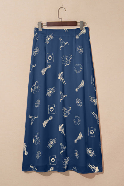 Navy Blue Western Print Satin Long Skirt