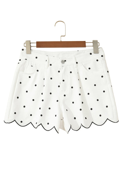 White Polka Dot Print Embroidered Scallop Hem Shorts