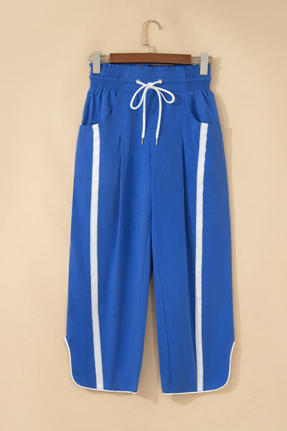 Dark Blue Contrast Striped Smocked Waist Drawstring Cropped Casual Pants