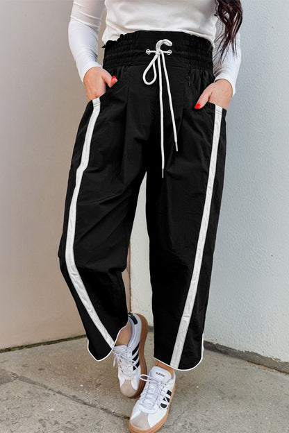 Black Contrast Striped Smocked Waist Drawstring Cropped Casual Pants