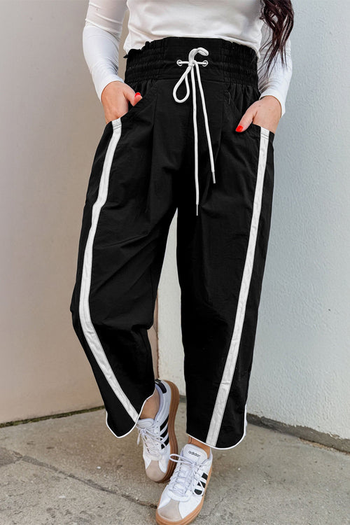 Black Contrast Striped Smocked Waist Drawstring Cropped Casual Pants